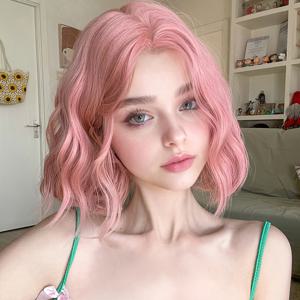 TEMU 누구나 착용 가능한 핑크색 가운데가 짧은 곱슬머리 가발, 일상 파티 휴일 행사용 스타일리시한 풀헤드 가발