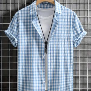 TEMU 스프링/가을 스타일 남성 패션 캐주얼 체크 무늬 반팔 버튼업 셔츠