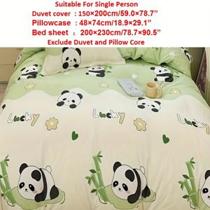 TEMU 4pcs 침구 세트, 더블 및 퀸 사이즈 침대용, 만화 팬더 프린트 부드럽고 섬세하며 따뜻한 침구, 이불 커버 1개, 베개 커버 2개, 침대 시트 1개, 이불솜 및 베개솜 미포함