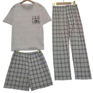 TEMU 유럽 및 미국 스타일 남성용 봄/여름/가을 파자마 반팔 + 반바지 + 긴 바지 1벌 의류 2벌 바지 홈 세트 3피스 세트