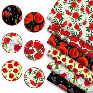 TEMU 6개 세트 파파꽃 생생한 빨간색 테마 패치워크 사각형 수제 공예 장식, 모든 계절 프리컷 파트 쿼터 120Gms, 베개 커버, 퀼트, 의류 및 기타 프로젝트 제작 가능, , 선물 포장