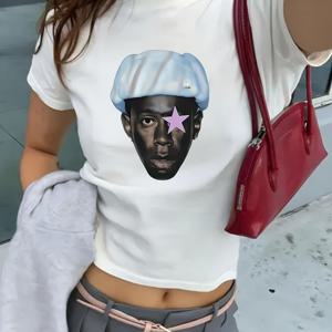 TEMU 여성 캐주얼 티셔츠 - 지오메트리 스타 프린트, 블랙 & 블루 디자인, 반팔, 라운드 넥, 올 시즌 착용, 캐주얼 여름 상의 | 라운드 넥 티 | 반팔 셔츠