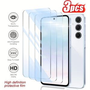 TEMU 3개 세트, HD 강화 유리 스크린 프로텍터 필름, 풀 HD, 버블 없는 쉬운 설치, 방수 기능, 지문 방지, 낙하 방지, 긁힘 방지, 충격 방지, 갤럭시 S21FE/S23FE/A54/A15/A31/A34/A35/A55/M53/M54/M55에 적합
