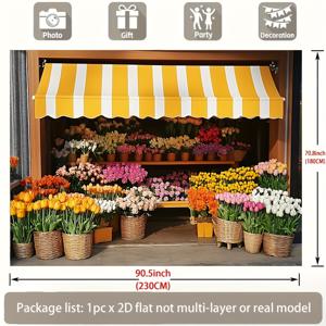TEMU 2D 평면 배너, 1개, 노란색과 흰색 줄무늬 차양이 있는 화려한 꽃가게 배경 장식 포토 소품, 방 꾸미기, 벽 장식, 파티 배경 데코, 폴리에스터 배너 장식, 홈 데코, 파티 용품/선물용 장식 배경