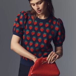 TEMU 봄과 여름 신상 딸기 자카드 러블리 디자인 감성 캐주얼 크루넥 풀오버 스웨터 여성용