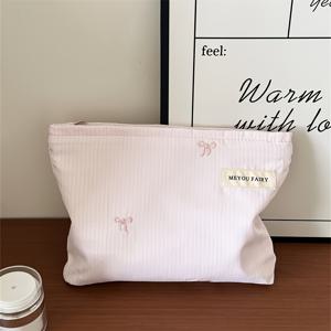 TEMU 젠틀 귀여운 줄무늬 자수 리본 메이크업 백, 립스틱 보관 파우치와 에어 쿠션 터치업 백 포함, 대형 및 소형 사이즈 내부 라이너 가방, 휴대용 여행 화장품 정리함