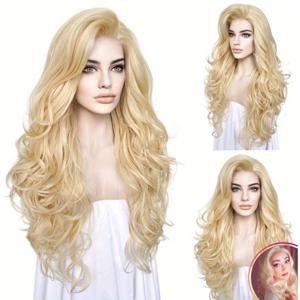 TEMU 롱 웨이비 26인치 13*4 블론드 합성 레이스 프론트 가발 여성용 패션 스타일 레이스 가발 프리 파트 내열성 섬유 가발 코스프레 웨이브 레이스 헤어 화이트 가발 루즈 컬 코스프레