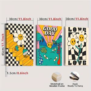 TEMU 액자 포함, 3피스 히피 벽 예술, 빈티지 벽 장식 프린트, 행복한 꽃 캔버스, 30년대 70년대 레트로 포스터, 추상 즐거운 얼굴들, 거실 및 침실용