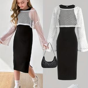 TEMU 오프숄더 스커트와 탑이 포함된 세련된 투피스 의상입니다. 속이 빈 디자인의 메쉬 소재를 사용했고, 분리된 밑단의 조끼와 드레스와 함께 제공됩니다. 이 스타일리시하고 트렌디한 의상은 여학생들 사이에서 인기가 많습니다.