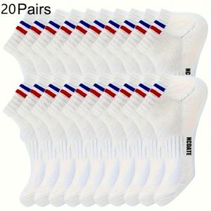 TEMU 20켤레 남성용 애슬레틱 앵클 양말 - 통기성, 흡습성, 미끄럼 방지 레터링 프린트, 솔리드 블랙 & 화이트 디자인, 폴리에스터 혼방, 세탁기 사용 가능, 일상용 양말 | 패션 양말 | 편안한 섬유, 땀 흡수