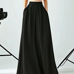TEMU 여성 패션 트렌드 봄, 여름, 가을, 겨울 캐주얼 탄성 다용도 단색 하이웨이스트 얇고 넉넉한 블랙 드레이프 와이드 레그 하카마