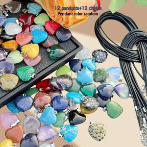 TEMU 24개 하트 모양 스톤 펜던트 세트, 사랑 모양 쿼츠 보석 펜던트 차크라 비즈, 발렌타인데이 어머니 결혼식 추수감사절 목걸이 주얼리 제작에 적합 (하트 펜던트 12개 및 검은색 가죽 코드 12개)