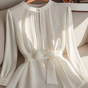 TEMU 여성용 벨티드 웨이스트 블라우스 셔츠 - 벨티드 루즈핏 라운드넥 긴소매 단색 블라우스 상의, 기계 세탁 가능, 출퇴근, 사무실 & 캐주얼 복장에 적합, 옷장 필수품