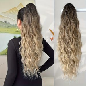 TEMU 포니테일 연장 드로스트링 클립 인 헤어 익스텐션 옴브레 컬러 24인치 롱 워터 웨이브 합성 헤어피스 여성 파티 데일리 사용