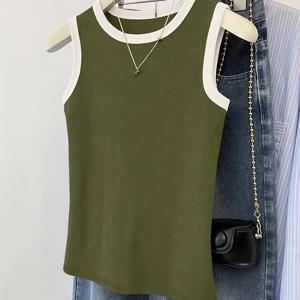 TEMU 여성용 우아한 민소매 라운드넥 탑 - 솔리드 컬러 블라우스, 미디엄 스트레치 캐주얼 & 드레시 셔츠, 세탁기 사용 가능 봄/가을 레이어링 아이템 (부피 없음)