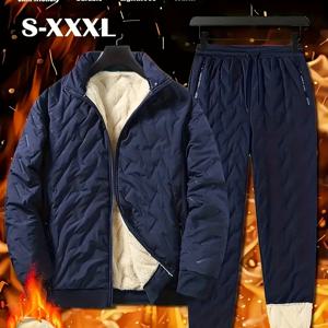 TEMU 남성 캐주얼 투피스 세트: 두꺼운 기모 안감 재킷 및 바지, 고품질 겨울 스포츠 지퍼 후드티, 탄성 허리 밴드 드로스트링 포켓, 단색 다용도 홈 아웃도어 스키 방풍 보온 기모 복합 속옷 상의 및 하의