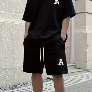 TEMU 유럽&미국 신상 심플 패션 반팔 반바지 세트, 남성 라운드넥 티셔츠 + 반바지 스포츠 투피스 세트, 트렌디 패턴 프린트, 여름 청소년 통기성 반팔 스포츠 세트, 남성 스포츠 세트, 트렌디 반팔 티셔츠 + 반바지 투피스 세트