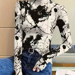 TEMU 여성용 우아한 수묵화 프린트 하이넥 긴팔 티셔츠, 다용도 편안한 캐주얼웨어, 사계절 패션