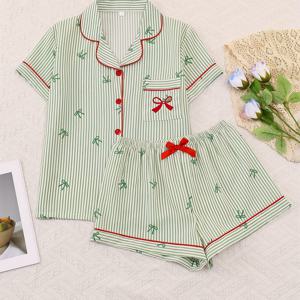 TEMU 여성용 투피스 그린 파자마 세트 (리본 프린트, 반팔 가디건, 탄성 허리 밴드 반바지 포함). 편안한 수면 및 캐주얼 홈웨어, 봄, 여름에 적합