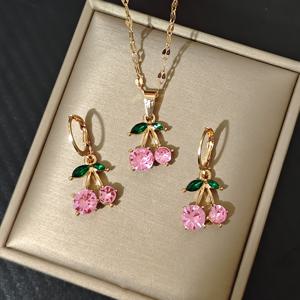 TEMU 귀여운 스타일의 핑크 체리 여아용 목걸이와 귀걸이 1세트, 심플하고 패셔너블한 과일 모양 디자인, 데일리 착용 및 선물용으로 적합, 딸을 위한 최고의 선물