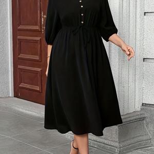 TEMU 플러스 사이즈 - 플러스 사이즈 - 플러스 사이즈 V넥 퍼프 슬리브 A라인 드레스, 복부 가림, 가을/겨울, 외출복, 오피스룩 여성, 튜닉 드레스, 여성 브런치룩, 여성 가을옷