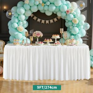 TEMU 4/6/9FT 폴리에스터 주름 디자인의 흰색 한쪽면 메시 테이블 스커트, 파티 테이블보에 적합, 결혼식 및 생일 파티 장식에 이상적 (테이블보 미포함)