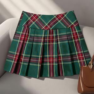TEMU 여성용 신상 봄/여름 레드 & 그린 체크 플리츠 스커트, 하이웨이스트 페티코트