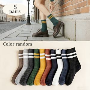 TEMU 랜덤 색상 레트로 남녀공용 중목 양말 5켤레 팩 | 컬러 블록 | 아메리칸 캐주얼 스타일 | 골지 텍스처 | 데일리 스트리트웨어 | 활용도 높은 사계절용 | 트렌디한 베이직 양말 | & 사무직 | 연중 내내 착용하기 좋음