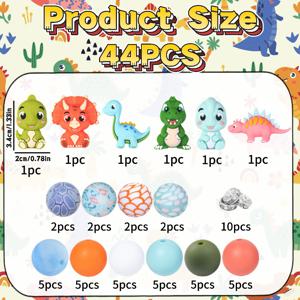 TEMU 44개 귀여운 공룡 테마 실리콘 비즈 - 실리콘 포컬 비즈, 티라노사우루스, 스피노사우루스, 스테고사우루스, 만화 공룡, 블루 브라키오사우루스, 트리케라톱스 만화 디자인 포함, 주얼리 제작, 팔찌, 끈 제작에 적합