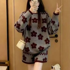 TEMU 여름/가을용 게으른 스타일 아프리코트 니트 여성용 세트, 플라워 탑과 바지 풀세트, 투피스 세트