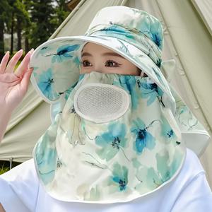 TEMU 여성용 야외 모자입니다. 넓은 챙이 특징이며, 얼굴 마스크와 완전한 목 커버가 함께 제공됩니다. 조절이 가능하며, 휴가, 사이클링, 하이킹, 낚시, 해변 나들이 및 테니스와 같은 활동에 적합합니다.