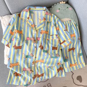 TEMU 여름 여성용 파자마 세트. 얇은 반팔 상의와 귀여운 만화 강아지 디자인의 반바지로 구성되어 집에서 입기에도 완벽하며 외출하기에도 좋습니다.