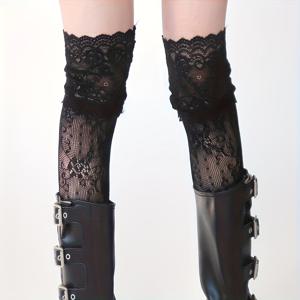 TEMU 레이스 장식과 꽃무늬가 있는 여성용 무릎 길이 스타킹 한 켤레, 투명한 여성용 오버 더 니 스타킹, 여성용 레그 가드, 여성용 양말, 여성용 롱 양말