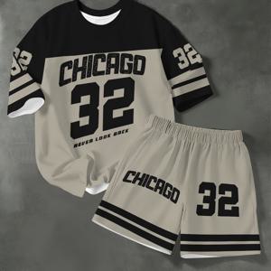 TEMU 3D 프린팅 블랙 앤 브라운 이중 색상 디지털 32 패턴, 청소년 패션 반바지 세트, 봄 여름용 반팔 티셔츠와 루즈핏 반바지 2종 세트, 남아용 패션 아웃도어 레저 세트, 야외 활동용, 십대용