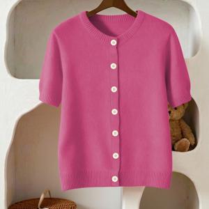 TEMU 여성 캐주얼 반팔 가디건 - 약간의 신축성과 편안한 질감의 라운드넥 가디건, 홈웨어에 적합, 부드러운 원단으로 제작