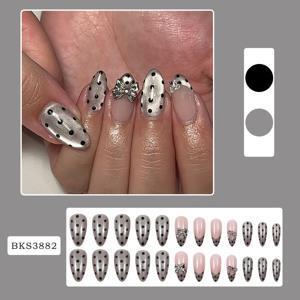 TEMU 프렌치 팁 스타일의 실버 크롬 네일 24개입 - 3D 리본 & 폴카닷 디자인 - 우아한 프레스온 네일