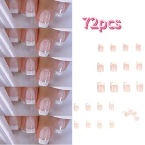 TEMU 72개입 프렌치 프레스온 네일 핑크 앤 화이트, 숏 스퀘어 아크릴 인조손톱, 여성용 재사용 가능한 네일, 파티 및 특별한 날에 적합, 간편한 부착 및 착용 (젤리 글루 및 파일 스트립)