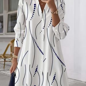 TEMU 봄/가을 긴팔 셔츠 원피스 추상적인 물결 도트 프린트 캐주얼 루즈핏 버튼 플로우리 원피스 여성용 데일리 출퇴근 휴가용