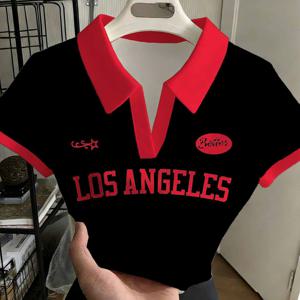 TEMU 블랙 레드 칼라 LA 레터 티셔츠 미국 스타일 스위트 쿨 스타일 타일/숏 스타일 반팔