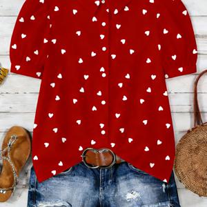 TEMU 2026 봄/여름 여성용 우아하고 패셔너블한 카라 퍼프 슬리브 반팔 프린트 블라우스 상의