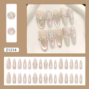 TEMU 손발용 프렌치 팁 누름식 인조네일 - 아몬드형 미디엄 기장, 캣아이 라인석 & 글리터 포함, DIY 매니큐어/페디큐어용 탈부착 기계식 인조네일, 유럽 스타일