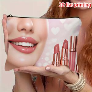 TEMU 립스틱 테마 화장품 가방 1개, 여행 및 선물용 - 립스틱과 스마일 디자인의 부드러운 패브릭 파우치, 립스틱 홀더 및 휴대용으로 적합한 컴팩트 사이즈, 2D 평면형