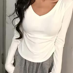 TEMU 달콤하고 매콤한 여성용 화이트 숄더핏 티셔츠, 봄가을 로우넥 슬림핏 베이스 레이어, 롱슬리브 V넥 탑