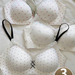 TEMU 여성용 속옷 3개 세트, 레이스 패치워크 컬러블록 플로럴 프린트 푸쉬업 브라, 작은 가슴용, 사이드 서포트, 심리스, 와이어프리