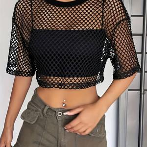 TEMU Western-style Hollow-out Mesh Women's T-shirt, Summer Short-sleeve Casual Pullover