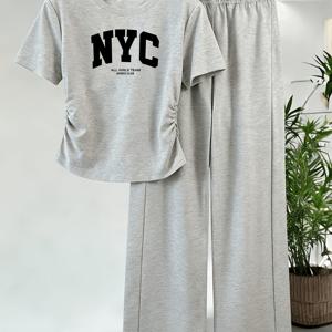 TEMU 패션 라이트 그레이 루즈 캐주얼 투피스 세트 NYC 레터 프린트 반팔 와이드 레그 팬츠 여성용 이지 레지 스타일 외출용 다용도 세트