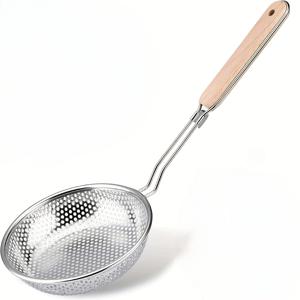 TEMU 고품질 스테인리스 스틸 나무 손잡이 거름망 | 미세 메시 쿠킹 스푼, 음식 준비 및 기름 필터링에 적합, 가정 주방 및 레스토랑 사용에 완벽