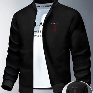 TEMU 남성용 파리 프린트 캐주얼 자켓, 스탠드 칼라 재킷 아우터웨어, 스타일리시한 스탠드 칼라 디자인, 캐주얼웨어용으로 이상적