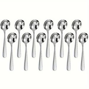 TEMU 식품 등급 스테인레스 스틸 식사 숟가락 6/12개, 둥근 숟가락, 국 숟가락, 가정용, 모임, 주방 및 식당 실버웨어에 적합 - 미러 폴리시, 식기 세척기 안전, 주방 용품