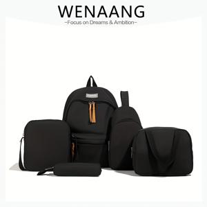 TEMU 5개 세트 고품질 나일론 십대 백팩 여성 여행 가방 백팩 학교 가방 단색 책 가방 신상 십대 백팩 대용량 여행 가방 학교 시즌 신생 학생 캐주얼 가방, 십대용